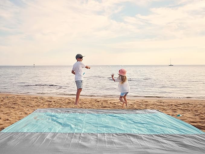 WEKAPO Beach Blanket Sandproof Waterproof, Extra Large Beach Mat, Oversized & Compact Sand Free Mat Quick Drying, Lightweight & Durable with Stakes & Corner Pockets