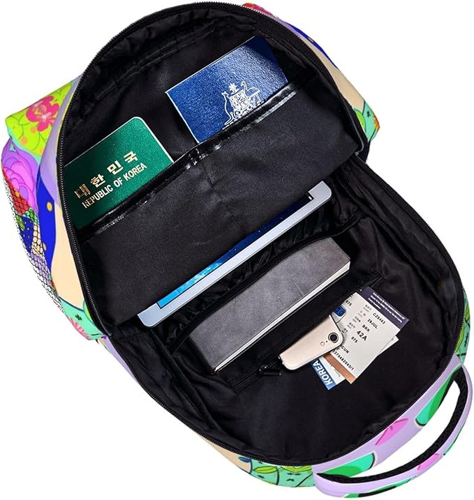 Men Women Polyester Cartoon Cats Birds Flowers Childlike And Dreamy Art Daypack Backpack Large Capacity Carry On Bag With Smooth Zippers for Hiking Picnic Walking Cycling