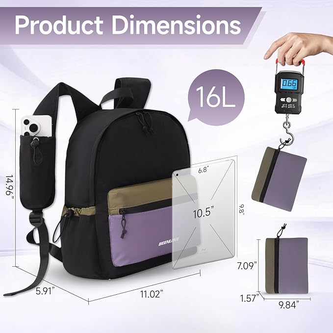 Hiking Backpack for Women Men 16L,Packable Waterproof Backpack,Foldable Daypack with Strap Pocket for Picnic Beach,Black