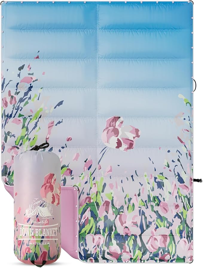 APSMILE Outdoor Down Blanket | Extra Warm & Puffy Camping Blanket | Water-Resistant, Lightweight, Packable Sleeping Quilt for Camp, Travel, Hiking, Picnic, Backpack (Flower Field HD Printed, 52"x75")