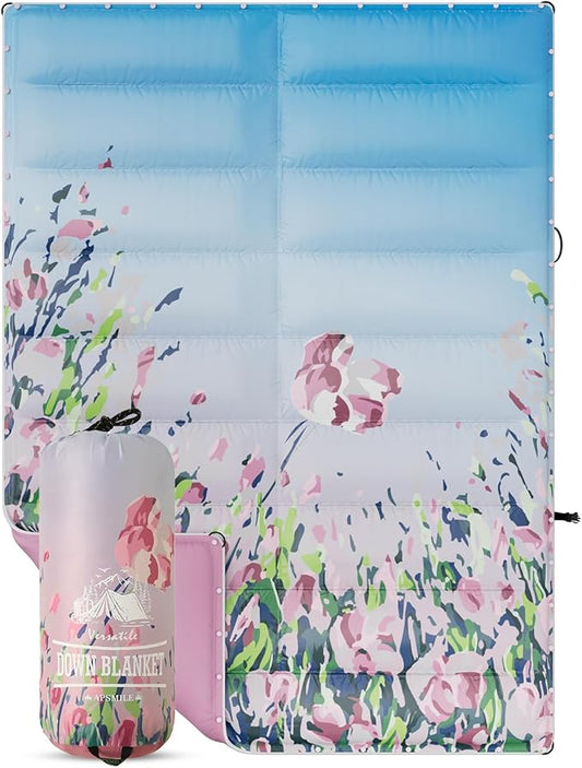APSMILE Outdoor Down Blanket | Extra Warm & Puffy Camping Blanket | Water-Resistant, Lightweight, Packable Sleeping Quilt for Camp, Travel, Hiking, Picnic, Backpack (Flower Field HD Printed, 52"x75")