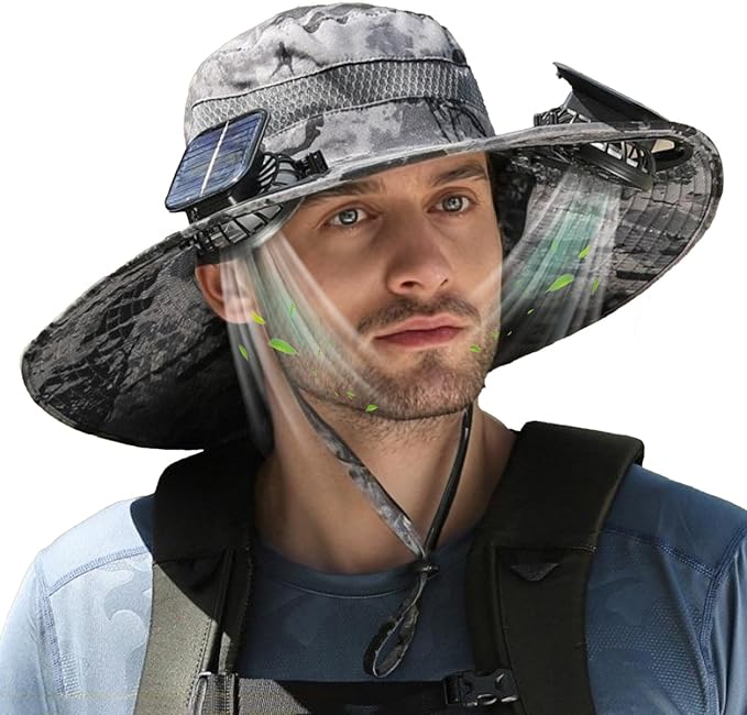 Outdoor Wide Brim Sun Hat with 2 Solar Powered Fan, Bucket Hat for Men Women, Fishing, Gardening & Beach Hat for Men