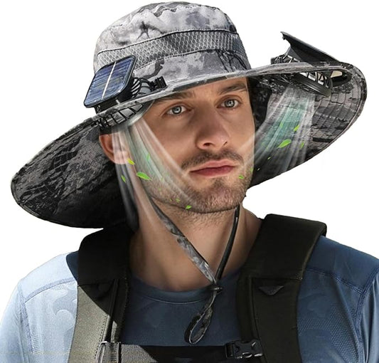 Outdoor Wide Brim Sun Hat with 2 Solar Powered Fan, Bucket Hat for Men Women, Fishing, Gardening & Beach Hat for Men