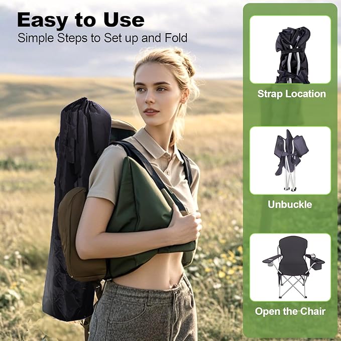 Folding Camping Chairs Durable 600D Oxford, Portable Outdoor Chair with Cooler Pouch, Cup Holder & Storage Pocket for Camping, Beach, Fishing