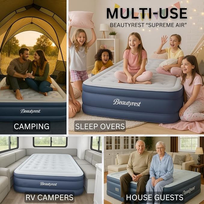 Beautyrest Supreme Air, Twin Size Air Mattress with Built-in Pump, Raised Inflatable Bed for Adults, Puncture-Resistant Vinyl, Auto Shut-Off, 650lb Support, Guest Bed, Camping Airbed, 3-Year Warranty