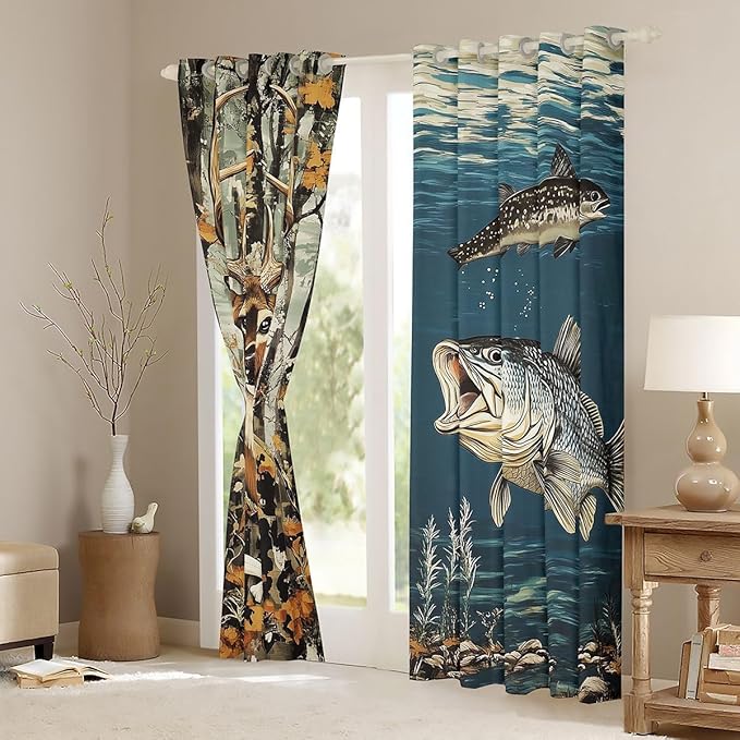 Manfei Camo Deer Hunting Kids Blackout Curtains,Basa Fish Lake House Rustic Farmhouse Window Drapes,Dead Branch Sea Water Camping Boys Girls Room Decor,Brown 2 Panels,38Wx54L inch
