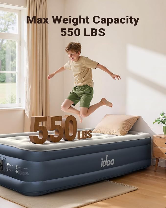 iDOO Twin Air Mattress with Built in Pump, 18" Raised Compact Blow up Mattress, Inflatable Mattress for Camping Guest Home, Portable Travel Air Bed, 2-Min Quick Inflation Deflation, Colchon inflable