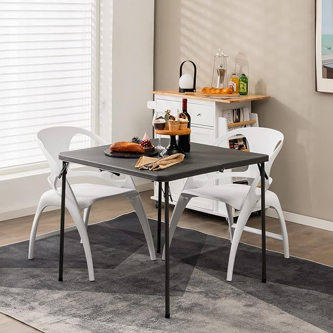 Goplus 34" Square Folding Card Table, Foldable Plastic Folding Tables, Portable Fold Up Table w/Handle, White Indoor Outdoor Utility Bi-Folding Commercial Table for Picnic, Party, Dining, Camping, BBQ