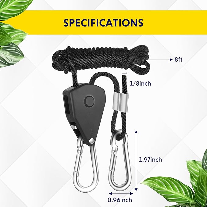 iPower 8-Pair 1/8 Inch Adjustable Rope Hanger, Heavy Duty Grow Light Hangers with Reinforced Metal Gears, 8Ft Long & 150lbs Weight Capacity for Growing Lamp, Inline Fan, Filters