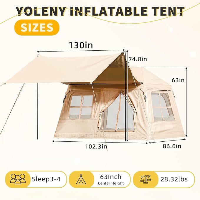 YOLENY 2/4/6 Person Inflatable Tents for Camping, Quick Setup in 2 Minutes with Hand Pump, Oxford Blow Up Tent with Skylight & Canopy, Spacious Cabin Tent for Family Camping & Hiking