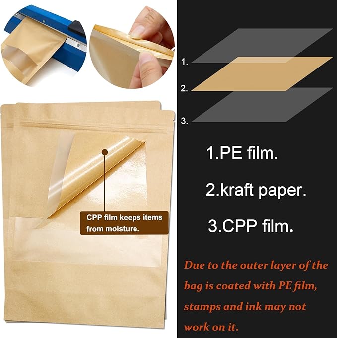 Blisstime Stand Up Pouches, 50 Pack Kraft Paper Bags with Matte Window and Tear Notch Resealable Bags for Small Business Home Use (4.8 x 6.5 Inches)