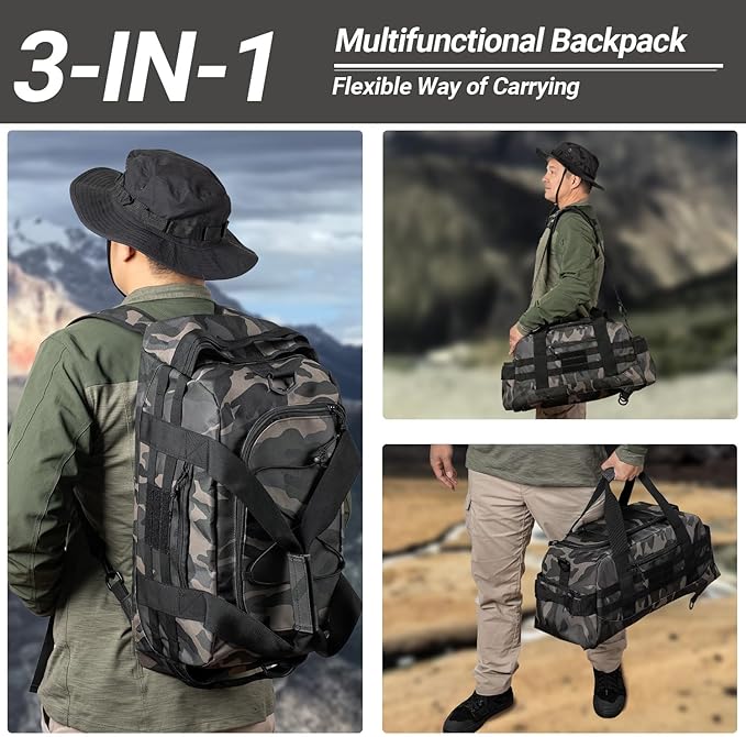 35L Large Duffle Bag, 3-in-1 Tactical Backpack MOLLE Pack for Sports/Gym/Outdoor, Black Camo