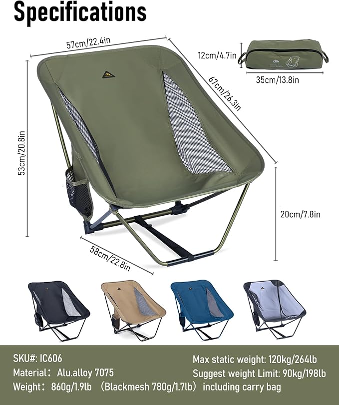 iClimb Low Ultralight Compact Camping Folding Chair with Side Pocket and Carry Bag (Green)