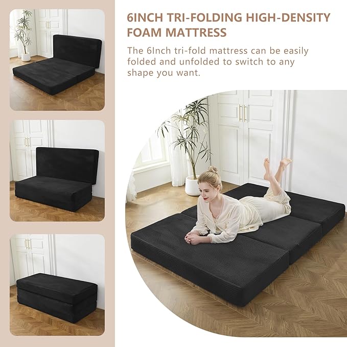 BYBYME Tri-Folding Corduroy Mattress, 6 Inch Gel Folding Mattress Topper, Foldable Soft Guest Bed Camping Pad, Washable Cover (Black, Twin)