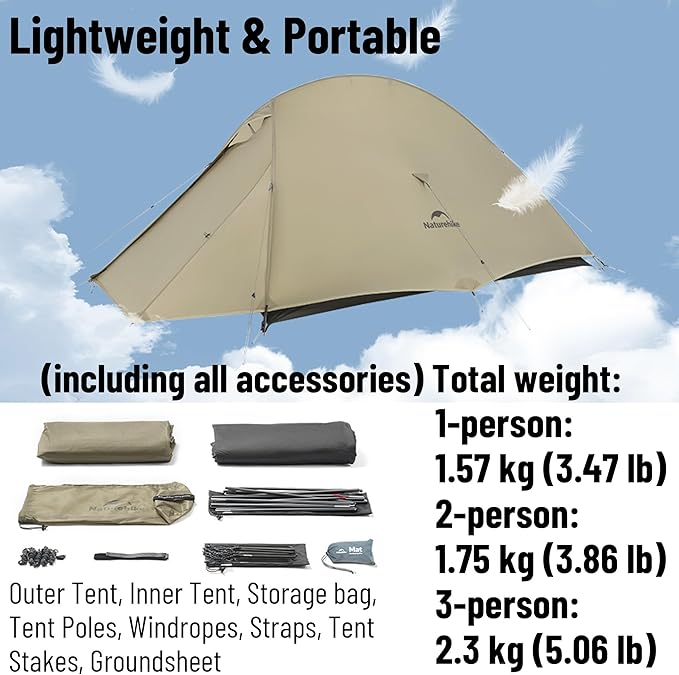Naturehike Cloud up Pro Camping Tent, 1/2/3 Person Ultralight Tents, 3 Season Backpacking Tent, Waterproof for One Man, Self-Standing Easy Setup for Cycling, Outdoor Camp