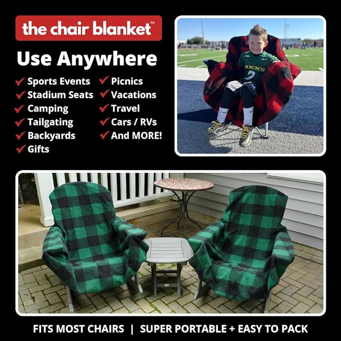 The Chair Blanket – Reversible, Waterproof & Sherpa-Lined - Stretchable Elastic Back - Original Patio Chair Cover – Ideal for Homes and Outdoor Furniture- with Carry Pouch (Green Plaid)