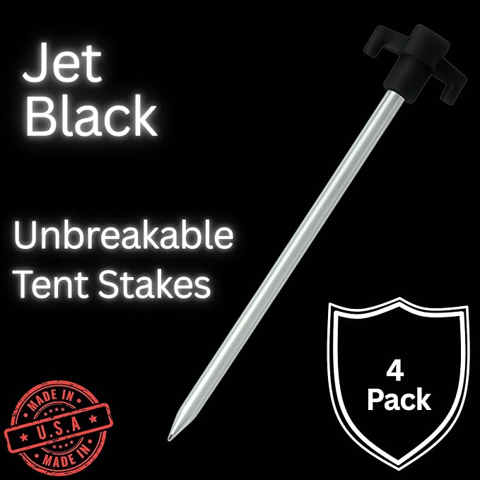 Tricc Unbreakable Heavy Duty Steel Tent/Canopy Stakes, Galvanized Non-Rust 10" Three Pegged Solid, Sturdy Stakes for Outdoor Trips, Camping, Hiking & Gardening. 4 Colors Made in The USA (Black)