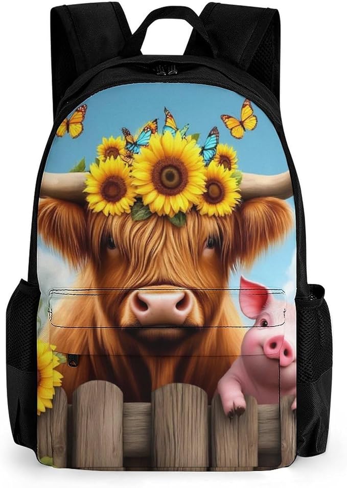 Supdreamc Men Women Polyester Sunflower Butterflies Highland Cow Pig Daypack Bookbag Big Capacity Shoulder Bag With Padded Straps for Climbing Travel Walking Cycling