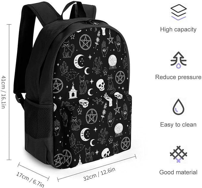 Men Women Lightweight Moon Gothic Skulls Raven Witch Board Black Cat Daypack Bookbag Big Capacity Carry On Bag With Side Pockets for Camping Travel Bicycle