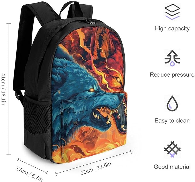 Supdreamc Lightweight Daypack for Camping Business Walking Cycling, Large Capacity Anti-Theft Multipurpose Bookbag, Ice And Fire Flaming Cool Wolf Art Gym Outdoor Hiking Backpack