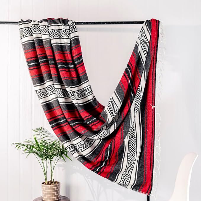 Airooglee 69" L x 51" W Large Mexican Blanket - Perfect as Yoga Outdoor Beach Serape Picnic Camping Woven Blanket, Boho Home Décor - Red