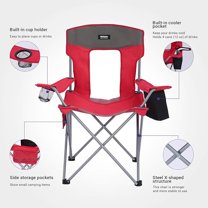 Camping Chairs Lawn Portable Foldable Camp Folding Lightweight Chair for Adults with Drink Holder and Cooler Pouch Outdoor for Camping, Lawn, Sports, Picnic, Beach, Music Festival, Red