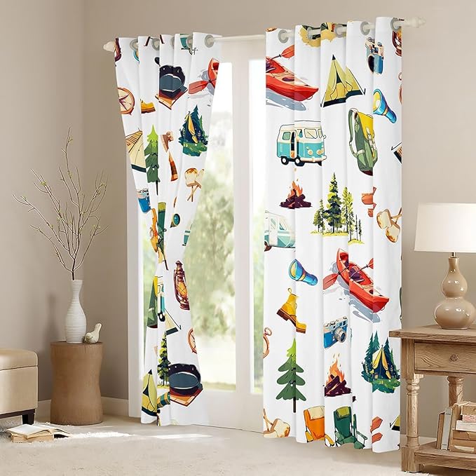Erosebridal Kids Camping Blackout Curtains for Bedroom Living Room Happy Camper Trailer Window Curtains 2 Panels 42" Wx84 L Camping Gear Drapes,Woodland Adventure Lodge Cabin Window Treatments