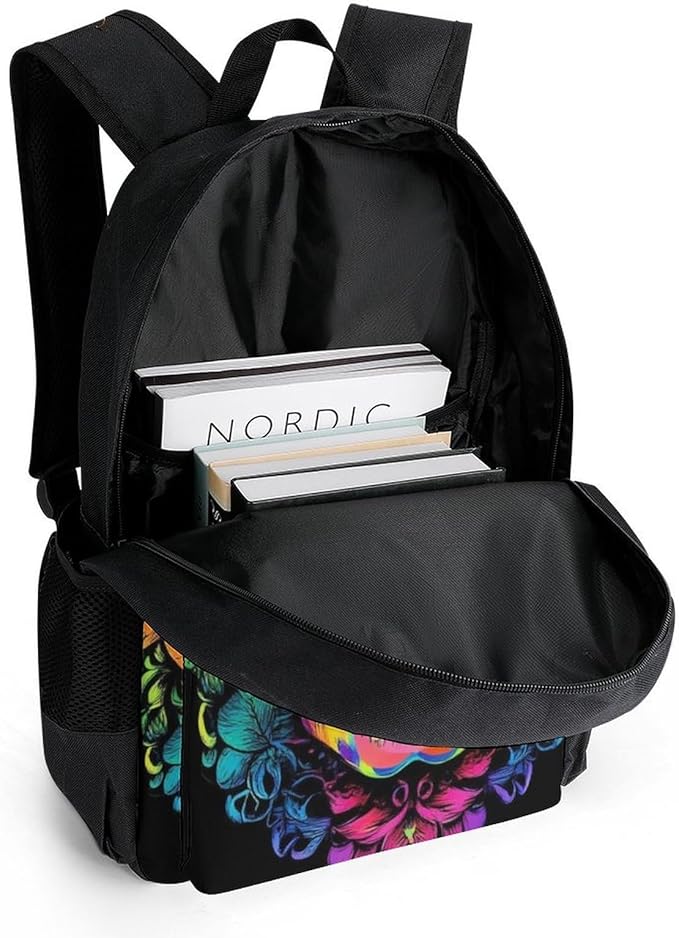 Men Women Lightweight Skull Head Lotus Art Backpack Large Capacity Bookbag With Smooth Zippers for Gym Business Running