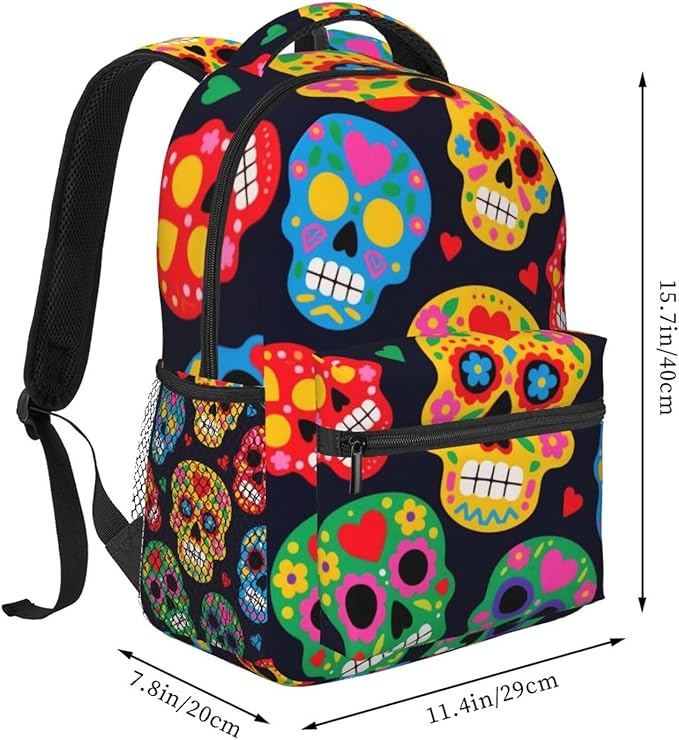 Men Women Lightweight Mexican Sugar Skulls Backpack Large Capacity Bookbag With Smooth Zippers for Gym Business Running