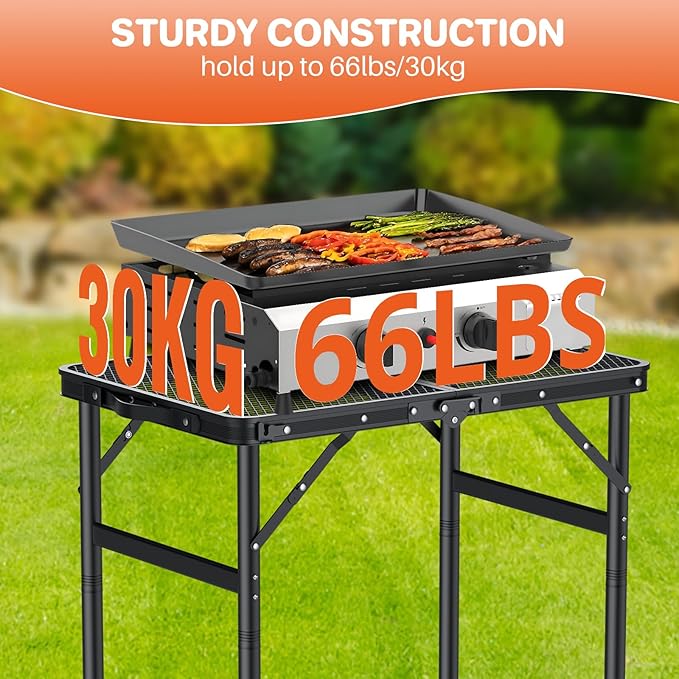 FUNYKICH Folding Grill Table for Outside(23''x16''), Max Height 29.4'' Portable Camping Tables(3 Adjustable Height), Lightweight Aluminum BBQ Table with Portable Handle for Camping, Picnic, BBQ, Black