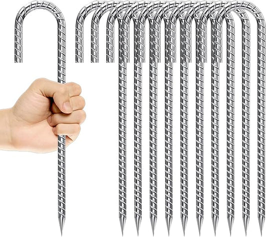 12 Inch Rebar Stakes, Heavy Duty J Hook Tent Stakes, Long Galvanized Ground Anchors Metal Spikes Landscape Yard Stakes for Signs, Trampoline, Chain Link Fence, Outdoor Decoration (10)