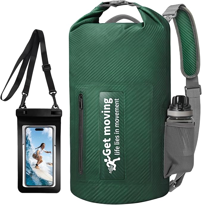 BKNOOU Dry Bag Waterproof for Women Men, 10L/20L Roll Top Lightweight Dry Storage Bag Backpack for Travel, Kayaking, Boating, Rafting, Camping, Hiking and Beach, with Phone Case (Military green, 20L)