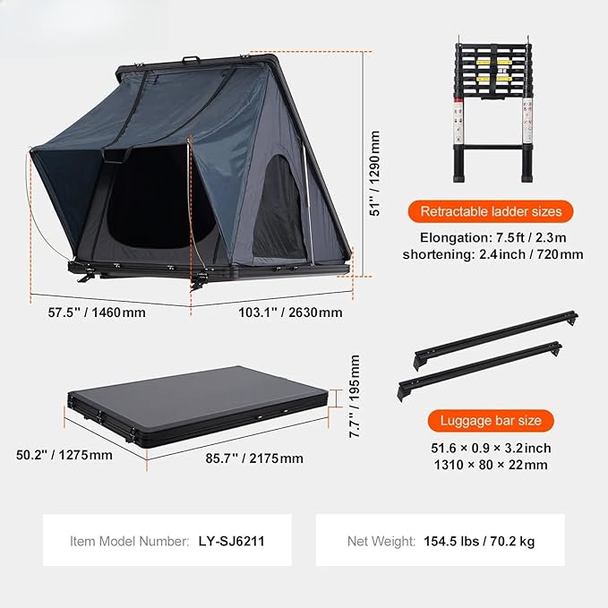 Rooftop Tent Hard Shell, Roof Top Tent for Car SUV Truck Jeep Van Camping, Roof Tents with Telescopic Ladder Thick Mattress & LED Strip Light, 2-3 Person Family Camping Tents