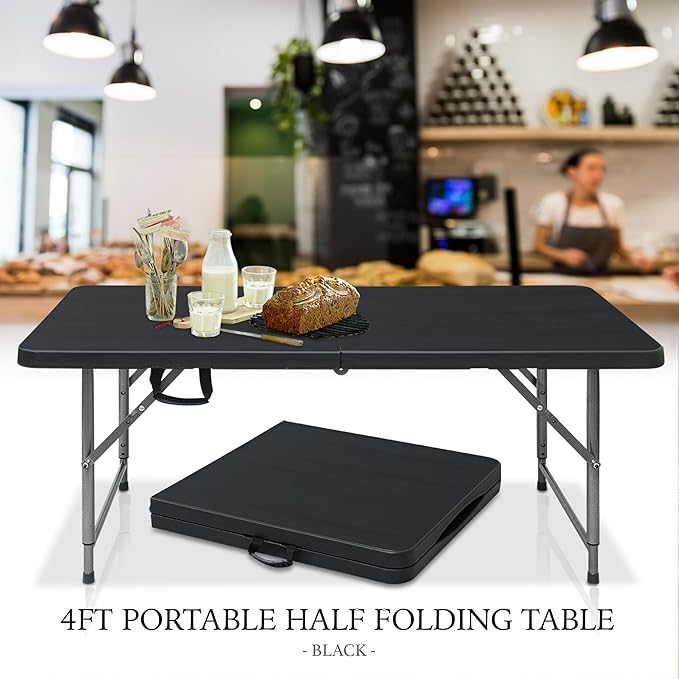 AJP Distributors 4 Foot Portable Plastic Folding Table 4FT 48" Half Foldable Heavy Duty Top w/Carry Handle - Indoor Outdoor Backyard Camping Picnic BBQ Party Wedding Dining Office Event Meeting Black