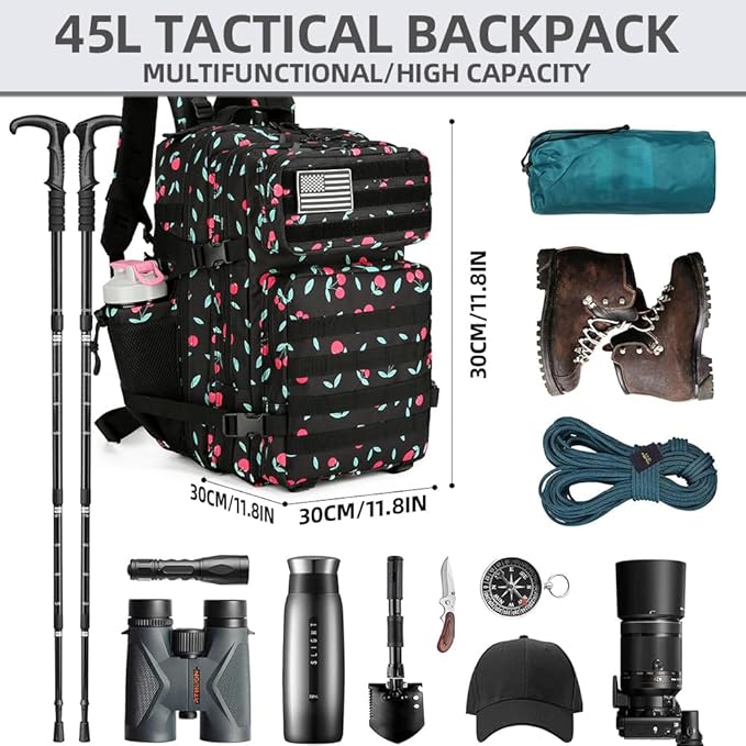45L Military Tactical Backpacks 3 Days Assault Pack Bag Fitness Rucksack 3 Day Bug Out Bag Hiking Treeking Molle Daypack (Cherry)