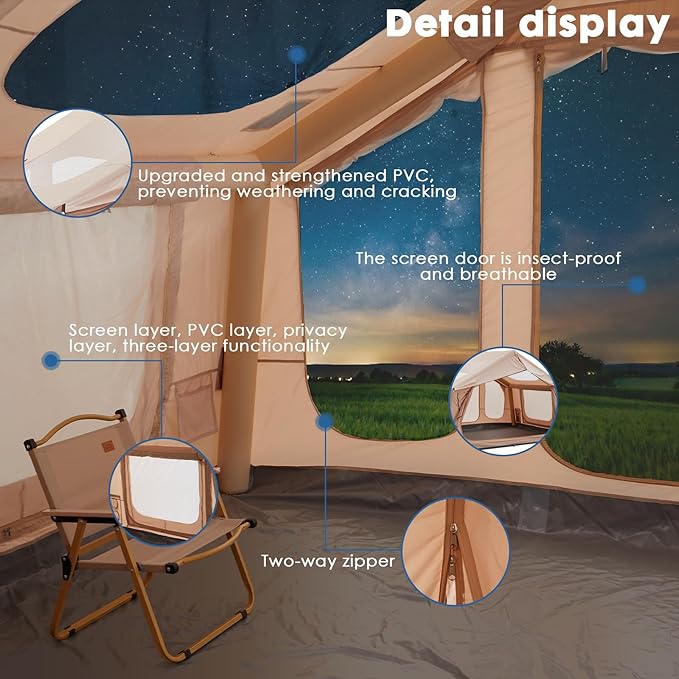 Inflatable Camping Tent with Electric Air Pump - 420D Heavy Duty Oxford - 5 Min Auto-Inflation - Panoramic Stargazing Skylight - 4 Season Luxury Glamping Cabin, 4-10 Person Multiple Sizes