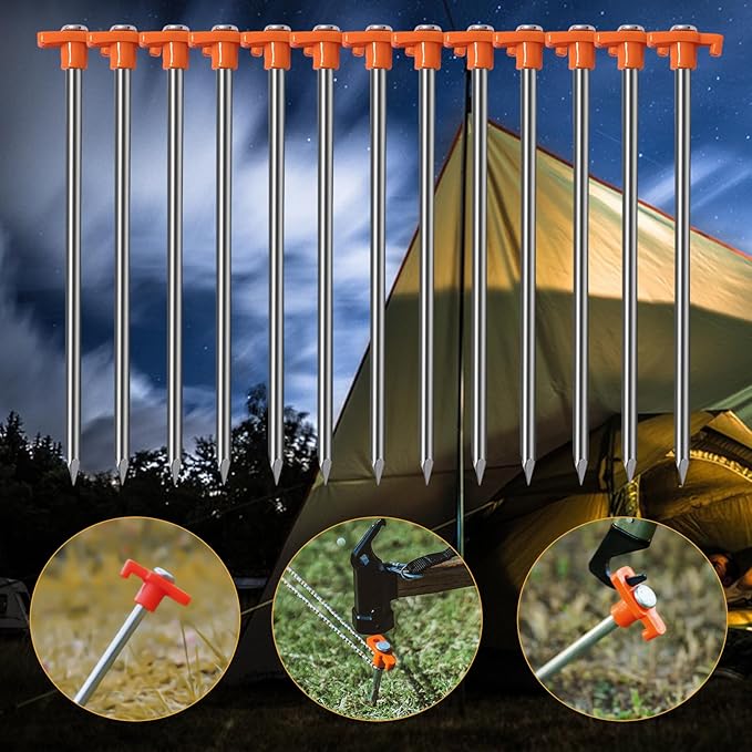 20 Pack Tent Stakes - 9.75 Inch Galvanized Non-Rust Ground Stakes Heavy Duty Canopy Anchors Metal Tent Pegs for Camping, Garden, Hiking, Orange