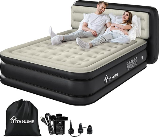 YITAHOME Queen Size Air Mattress with Pump and Banded Headboard, 18in Luxury Flocked Top Blow up Mattress, Durable Inflatable Mattress for Home & Guests, Black AirBed