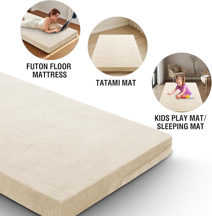 H.VERSAILTEX Twin Size Armless Futon Mattress Covers for Traditional Japanese Futon Mattress Soft Mixed-Color Chenille Couch Slipcovers Floor Mats Sofa Protector Zippered Sleeper Sofa Cover,Cream