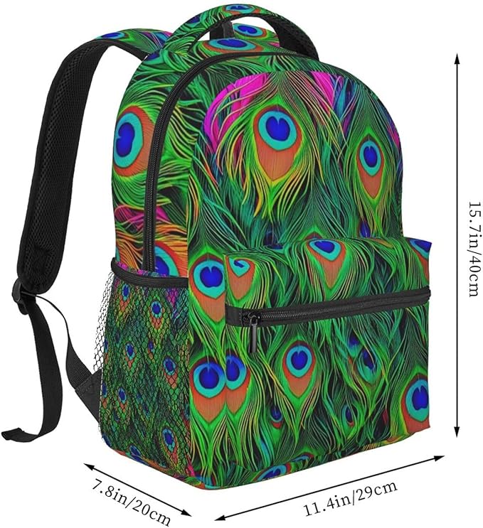 Shoulder Book Bags Anti-Theft Multipurpose Big Capacity Bookbag, Colorful Peacock Feather Art Travel Hiking Backpack With Smooth Zippers