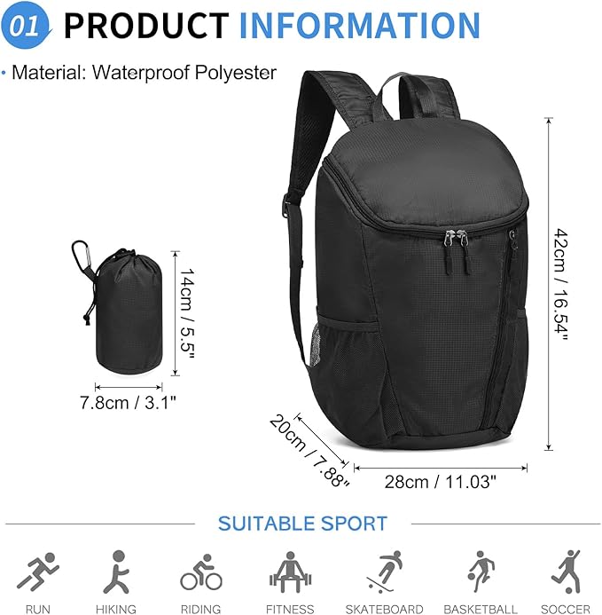 Hiking Backpack, 20L Packable Daypack for Men Women, Nylon with Adjustable Straps, Lightweight Waterproof Outdoor Camping Travel, Black
