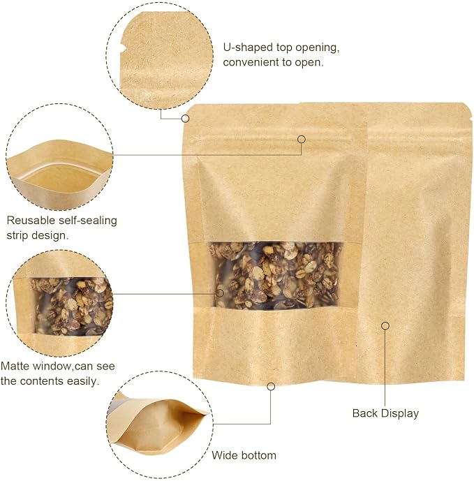 Blisstime Stand Up Pouches, 50 Pack Kraft Paper Bags with Matte Window and Tear Notch Resealable Bags for Small Business Home Use (2.5 x 4.3 Inches)