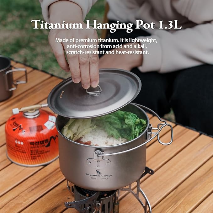 Boundless Voyage Titanium Hanging Pot for Outdoor Camping Backpacking Hiking Ultralight Portable Cooking Pot Camp Kitchen Cookware 1300ML/1950ML/2900ML