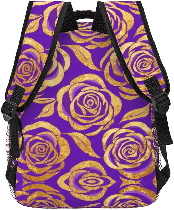Casual Daypack Multipurpose Anti-Theft Large Capacity Carry On Bag, Purple Gold Rose Art Casual Daypack Climbing Shoulder Bag With Padded Straps