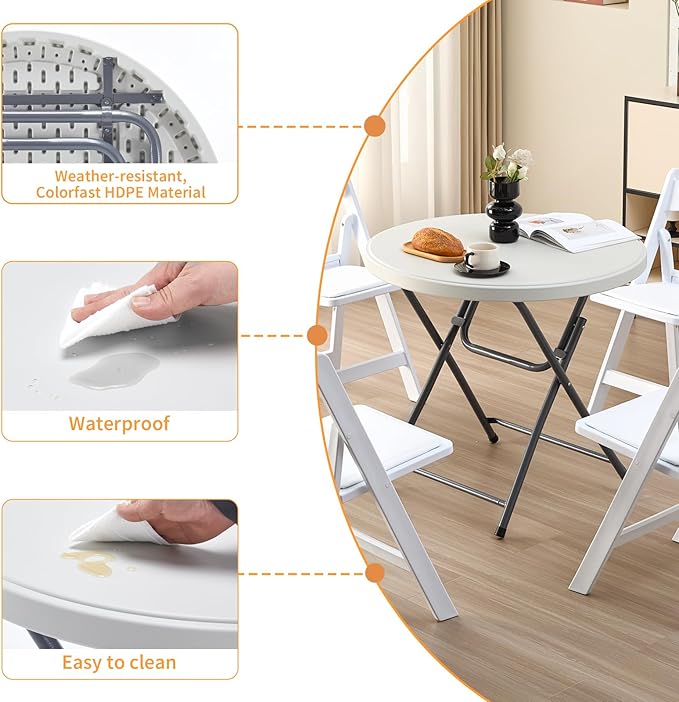 BOOSDEN 32'' Foldable Round Table, Portable Plastic Folding Card Table, Indoor Outdoor Utility Circle Folding Table for Party, Event, Camping, Picnic, Banquet, Beach, BBQ, Dining, Backyard