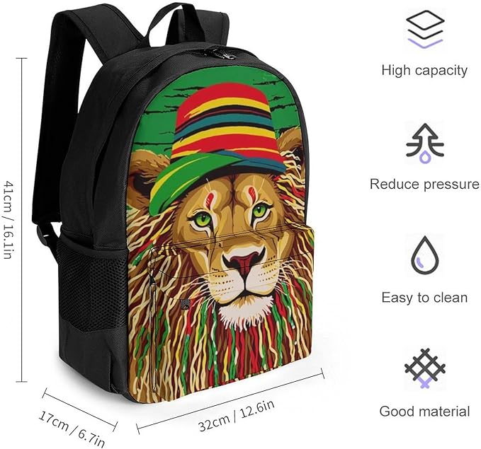 Men Women Polyester Reggae Rasta Flag Lion Daypack Bookbag Big Capacity Shoulder Bag With Padded Straps for Climbing Travel Walking Cycling