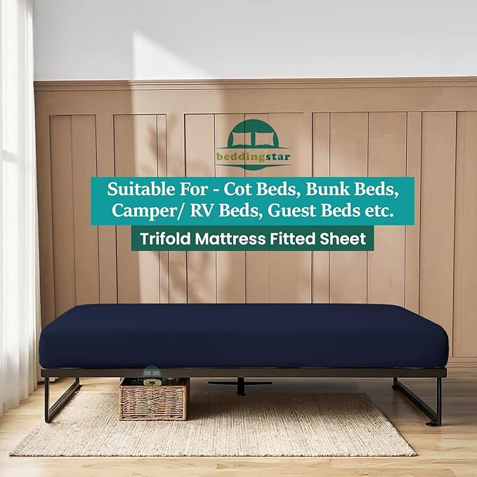 Cot Fitted Sheet 31 x 75 Inches 6" Deep Pocket 100% Egyptian Cotton 600 Thread Count Snug Fit for Trifold Mattress, Narrow Twin, Camp Bunk, Guest Bed, Army Cot Soft & Breathable – Navy Blue