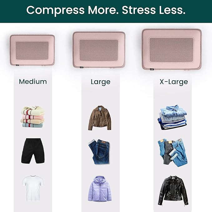 NOBL Travel Compressible Packing Cubes Set, 6 Pieces Travel Packing Organizers, Compression Luggage Cubes for Suitcases & Carry On, Space Saving (XXS, XS, S, M, L, XL) - Blush