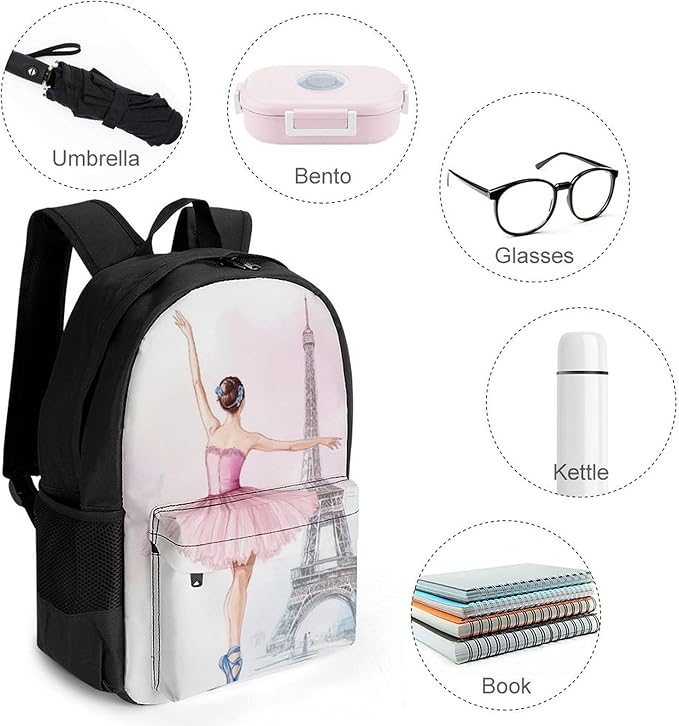Rucksacks Lightweight Multipurpose Anti-Theft Ballet Dancer Ballerina Eiffel Tower Shoulder Bag Big Capacity Traveling Camping Backpack With Side Pockets