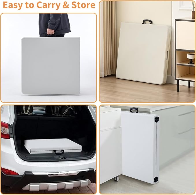 BOOSDEN 5 Foot Folding Table - Portable Plastic Fold-in-Half Utility Table With Carrying Handle for Indoor Outdoor Use - Picnic, Party, Camping, Banquet